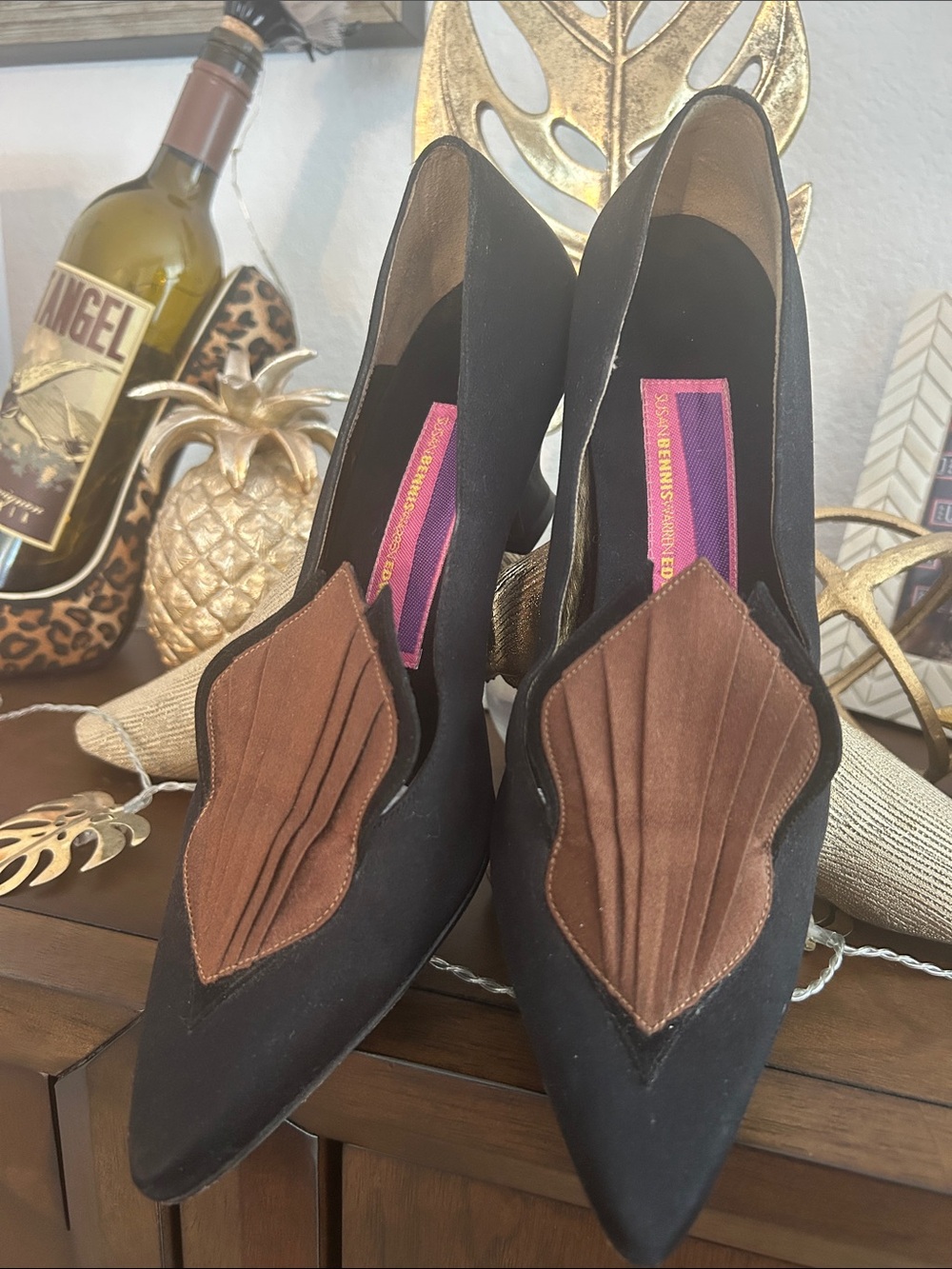 Susan Bennis Warren Edwards Satin Black/Brown Pointed Toe Women's Heels